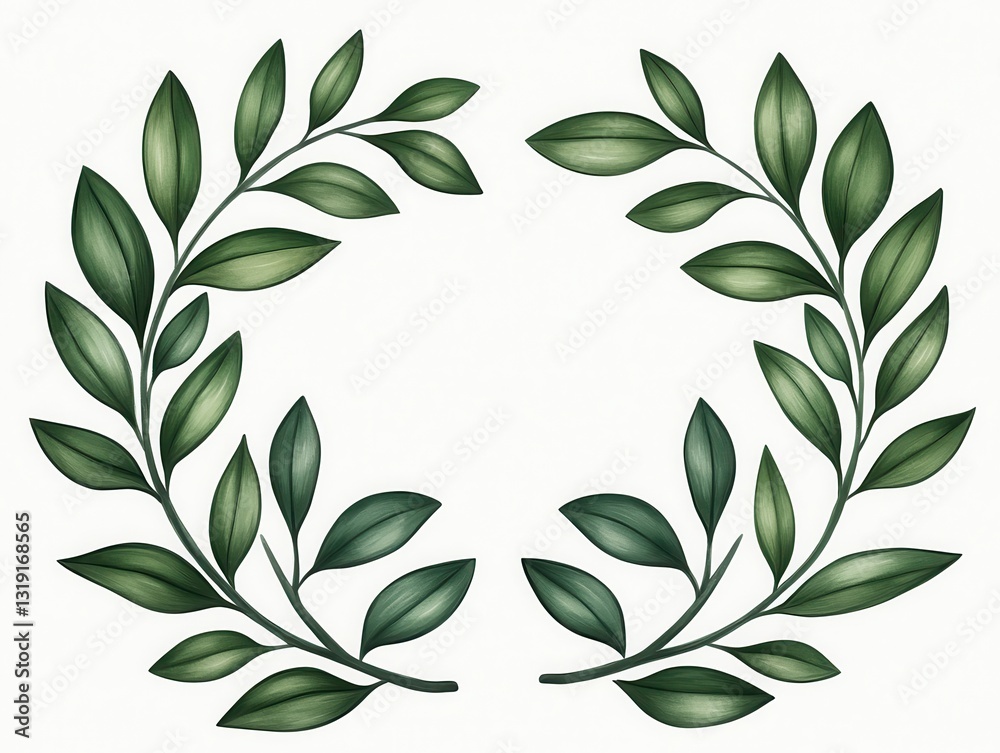Green botanical wreath design with symmetrical leaves on a light background Green botanical wreath design with symmetrical leaves on a light background
