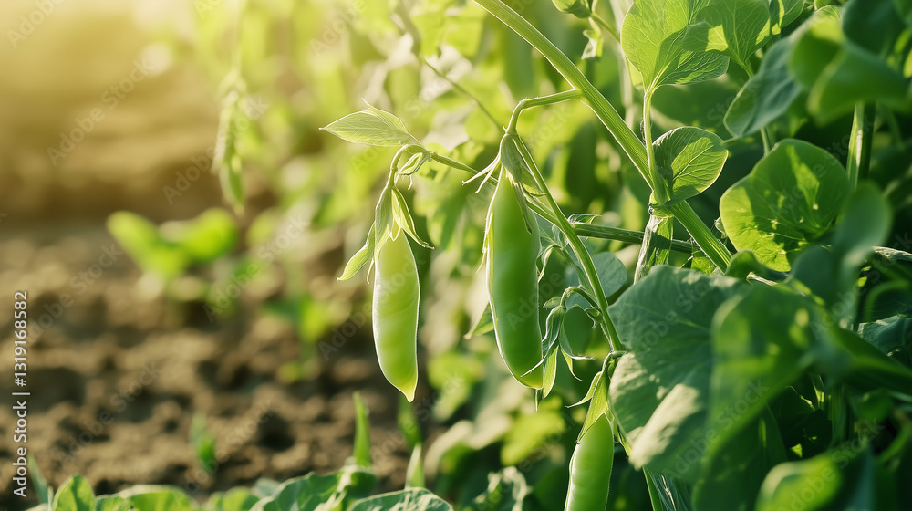 Fresh peas growing in pods on climbing vines, a beautiful contrast of green against the soft earth Fresh peas growing in pods on climbing vines, a beautiful contrast of green against the soft earth