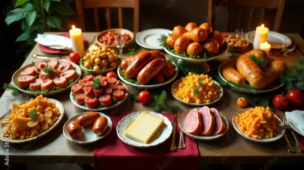 A Festive Table Abundantly Filled with an Array of Savory Meats, Cheeses, and Side Dishes, Set for a Bountiful Celebration A Festive Table Abundantly Filled with an Array of Savory Meats, Cheeses, and Side Dishes, Set for a Bountiful Celebration