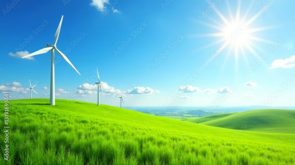 Serene Landscape with Wind Turbines Generating Clean Energy on a Sunny Day Serene Landscape with Wind Turbines Generating Clean Energy on a Sunny Day