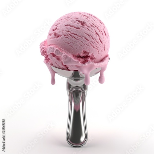 A delightful scoop of pink ice cream melting on a metallic scoop, showcasing a creamy texture and vibrant color.