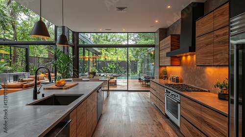 Modern open concept kitchen design with wooden cabinets and large windows showcasing greenery outside