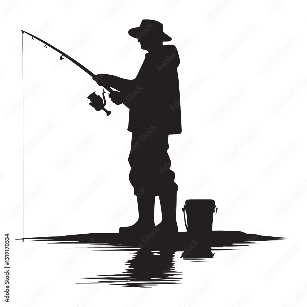Naklejka premium Adventurous Fisherman silhouette, exploring the deep in search of bounty - Fisherman illustration - Minimalist Fisherman vector - Profession silhouette 