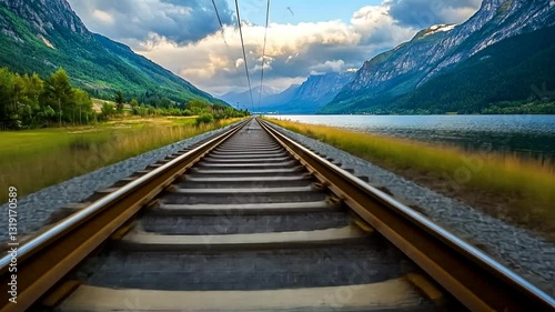 Tranquil journey: Scenic railway tracks amidst mountains and lake scenery view