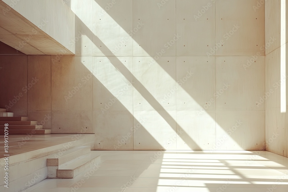 Obraz premium Sunlit Minimalist Concrete Architecture Interior with Steps and Light Beams