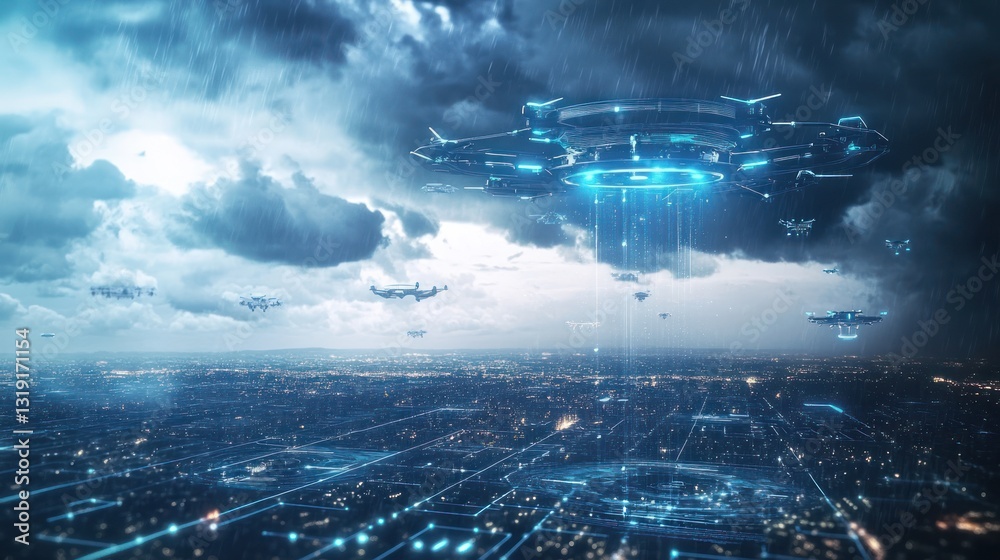 Fototapeta premium Futuristic aerial warfare in a stormy city. Advanced drone technology clashes with a hovering UFO amidst urban landscape, illuminated by digital network connections