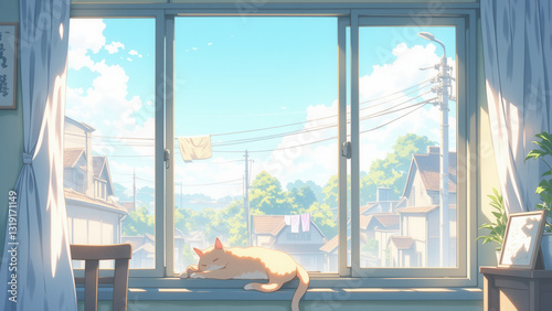 anime wallpaper illustration background, Cozy Morning with a Sleeping Cat by a Sunlit Window Overlooking a Scenic Town..