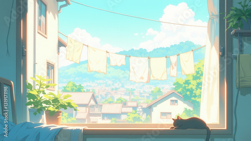anime wallpaper illustration background, Cozy Morning with a Sleeping Cat by a Sunlit Window Overlooking a Scenic Town..