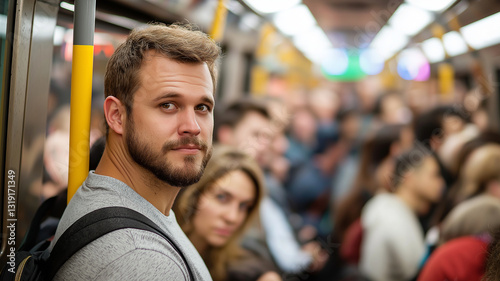 crowded subway scene with man looking back at camera, surrounded by many people. atmosphere is lively and dynamic, capturing essence of urban commuting
