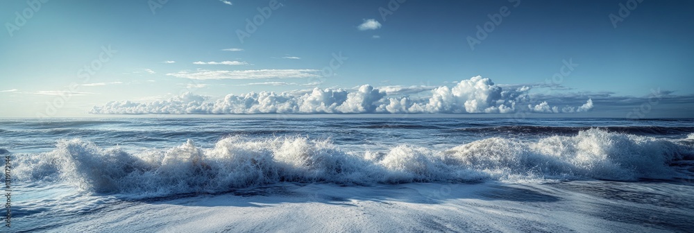 Fototapeta premium The ocean is calm and the sky is blue. The clouds are white and scattered. The waves are small and gentle