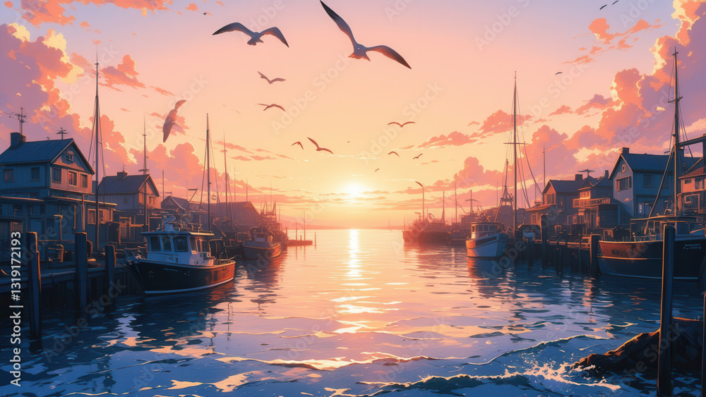 Fototapeta premium anime wallpaper illustration background, Scenic Fishing Village at Sunset with Boats and Seagulls Over Calm Waters.