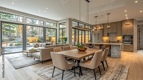 Wallpaper Mural Modern open concept dining and living area with large windows and stylish decor in contemporary home Torontodigital.ca