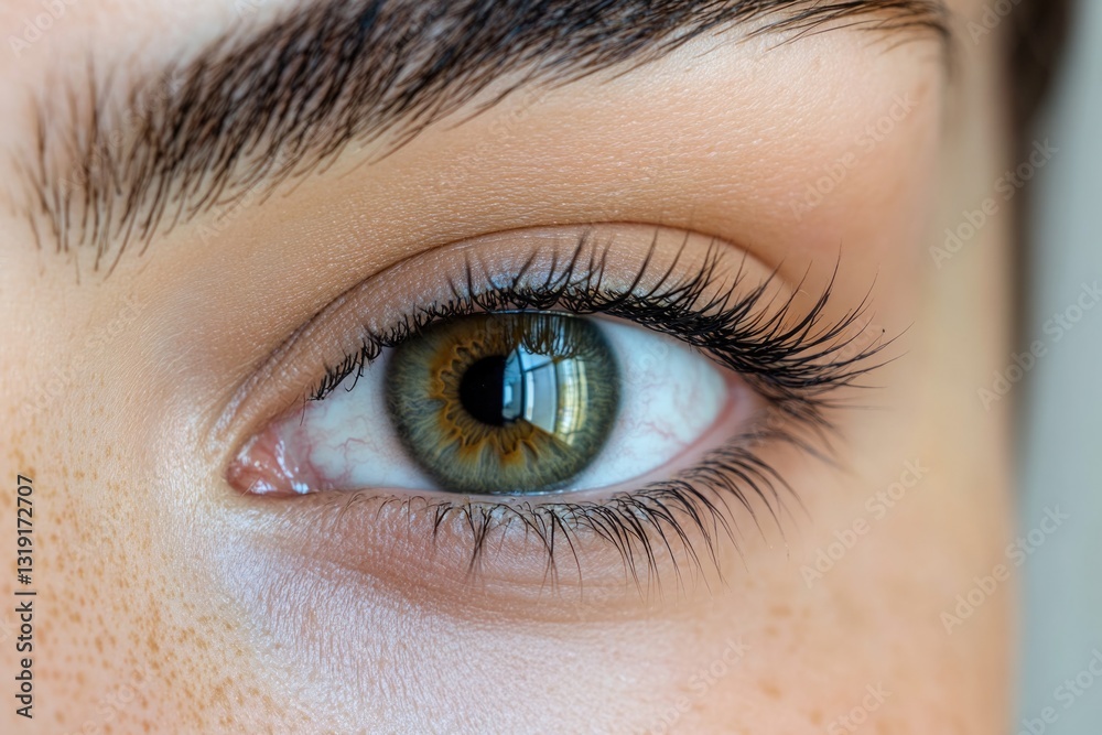 Obraz premium Close-up of an eye with freckles on the skin, emphasizing the iris and retina. Detail in focus.