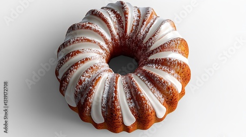 A Delightful Bundt Cake, Perfectly Frosted With A Swirl Of Creamy White Icing And Dusted With Powdered Sugar, A Tempting Treat For Any Occasion, Beautifully Presented Against A Clean White Background