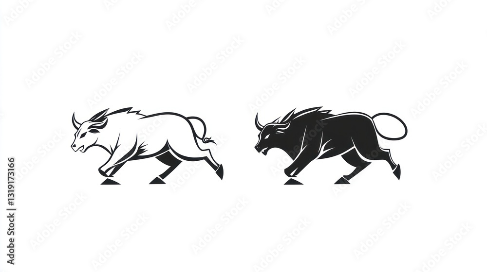 Fototapeta premium Running bulls, black and white, isolated, vector illustration, logo design