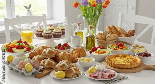 Easter brunch still life: Celebrating the holiday with a delightful feast of eggs, cross buns, quiche, and cupcakes at home. photo