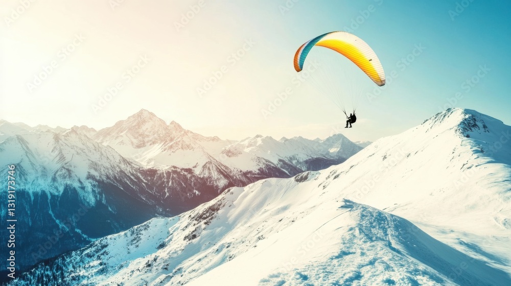 Scenic Paragliding Adventure Over Snowy Mountain Peaks at Sunrise Scenic Paragliding Adventure Over Snowy Mountain Peaks at Sunrise