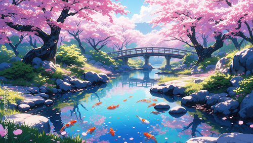 anime wallpaper illustration background, Tranquil Japanese Garden with Cherry Blossoms and Koi Pond.