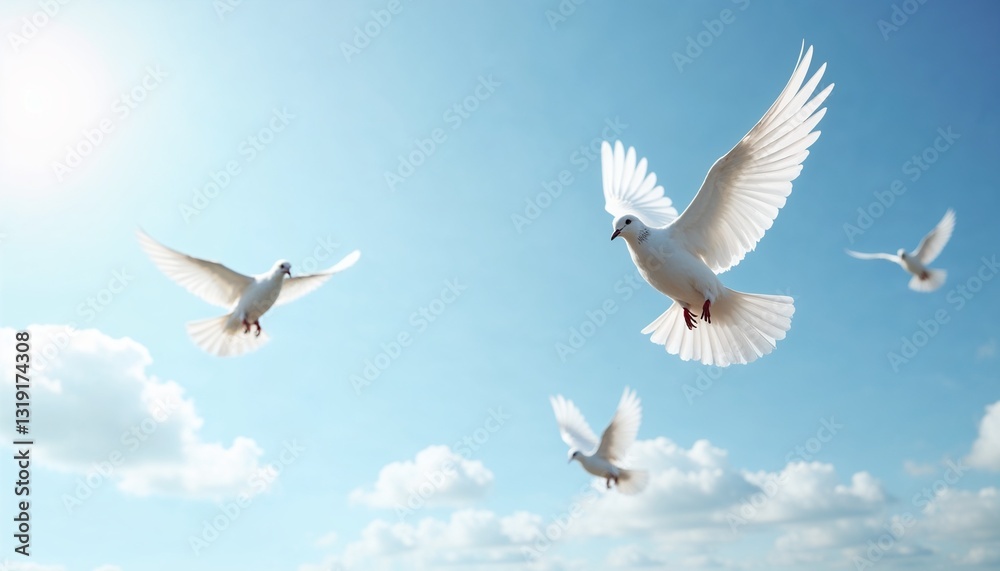 Obraz premium Flying white doves in a blue sky with clouds