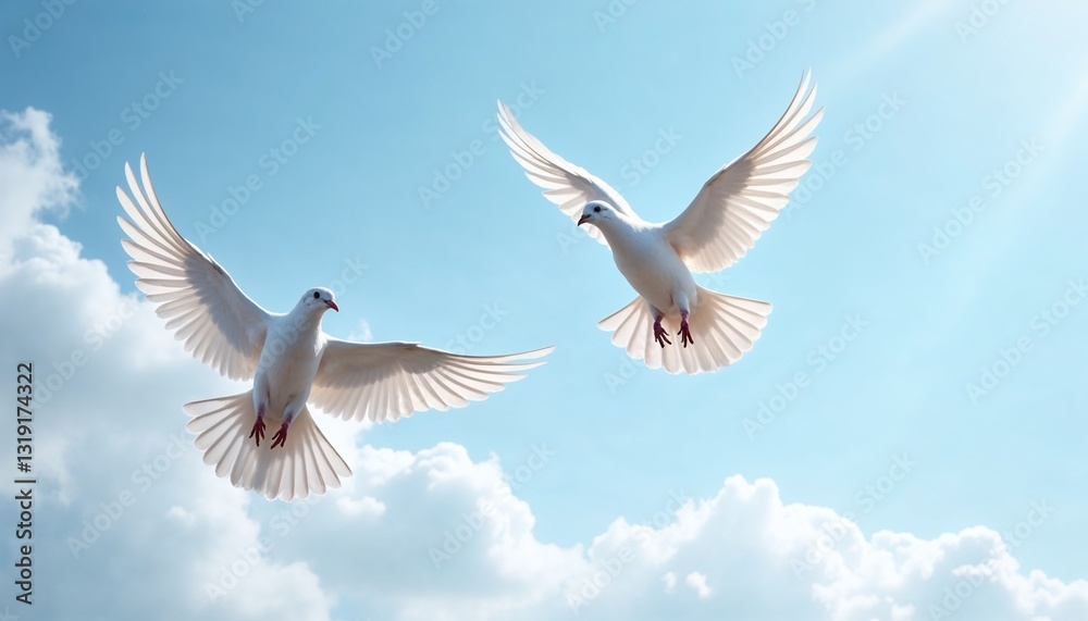Obraz premium Two white doves soaring against a blue sky