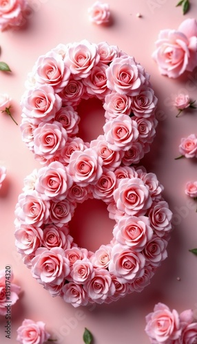 Pink roses forming the number 8 on pastel background, International Women's Day on March 8th