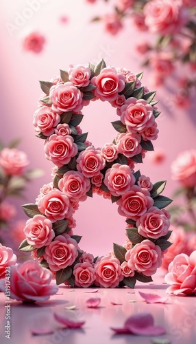 Rose number 8 in pink with floral decorations, International Women's Day on March 8th