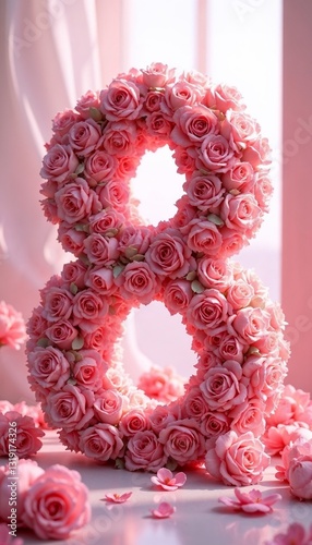 Floral number eight made of pink roses on soft background, International Women's Day on March 8th