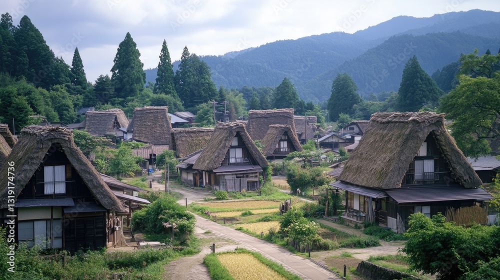 Rural settlement with thatched-roof houses, bamboo fences, and a scenic backdrop of mountains. Rural settlement with thatched-roof houses, bamboo fences, and a scenic backdrop of mountains.