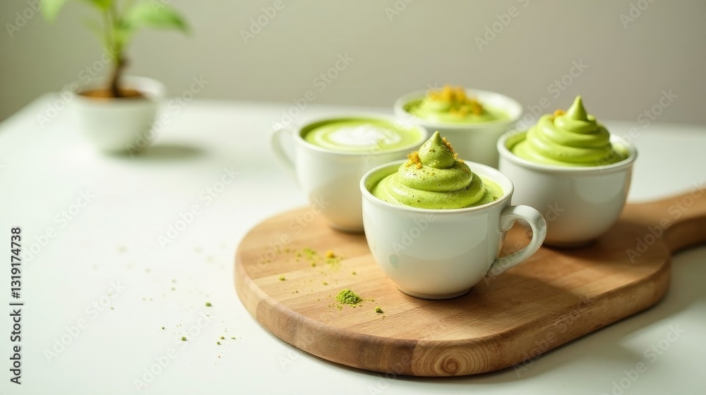 Delightful Matcha Dessert Cups with Whipped Cream and Garnish on Wooden Board Delightful Matcha Dessert Cups with Whipped Cream and Garnish on Wooden Board