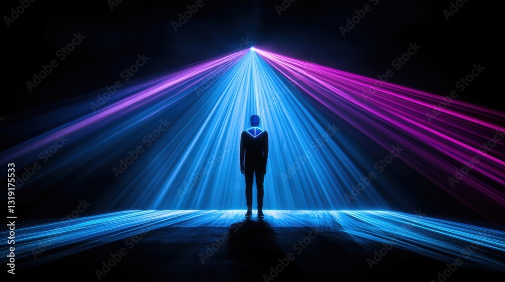 a person standing in front of a light beam a person standing in front of a light beam