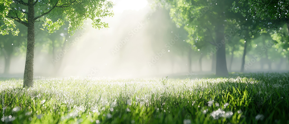 Fototapeta premium Picturesque forest meadow with sunlight filters through lush green trees, casting a golden glow over dewy grass. Summer landscape background. Generative ai