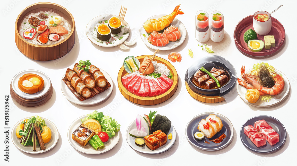 Isometric illustrations of japanese food icons on white background Isometric illustrations of japanese food icons on white background