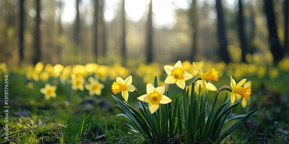 Obraz premium Vibrant Yellow Daffodils Bloom in a Spring Forest