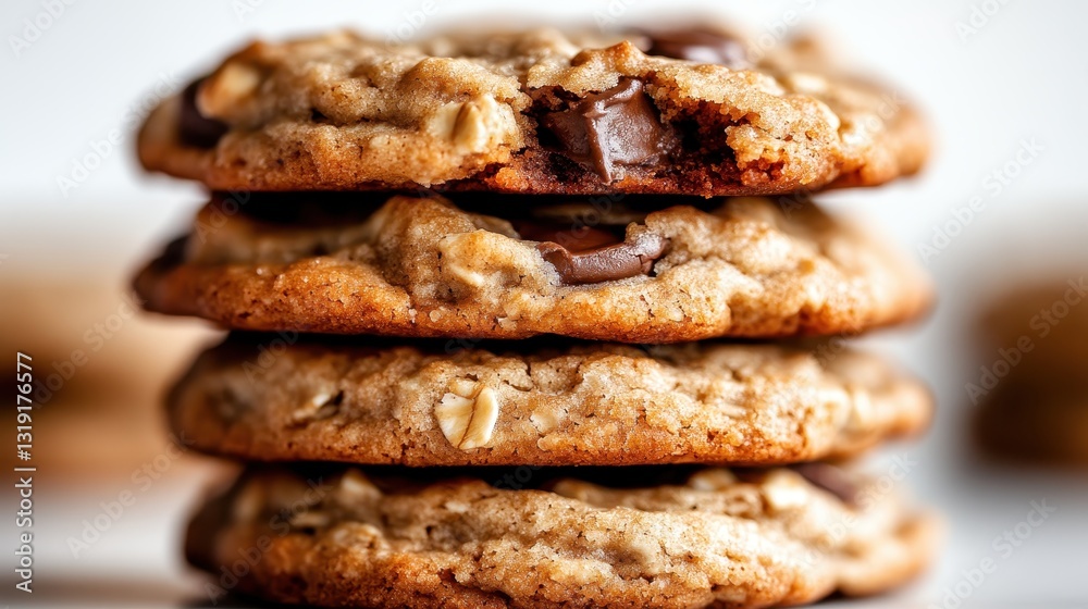 An enticing close-up of a stack of chocolate chip cookies, revealing their gooey center and delightful texture, making them irresistible to all dessert enthusiasts. An enticing close-up of a stack of chocolate chip cookies, revealing their gooey center and delightful texture, making them irresistible to all dessert enthusiasts.