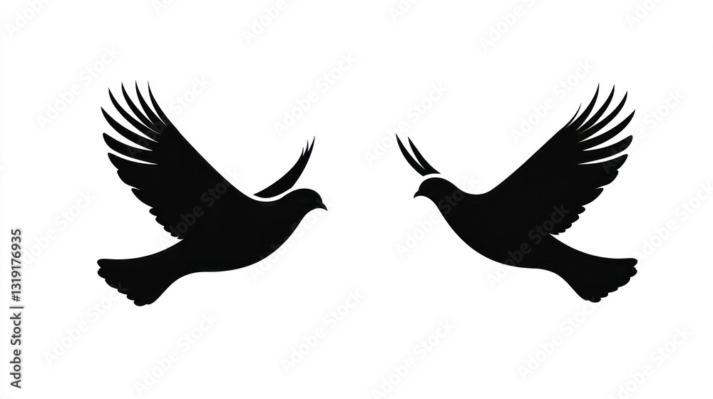 Fototapeta premium Two doves in flight, symbol of peace, against white background, for poster or print