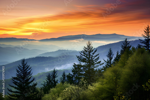 Breathtaking Sunset Over the Mystical Great Smoky Mountains, Tennessee.