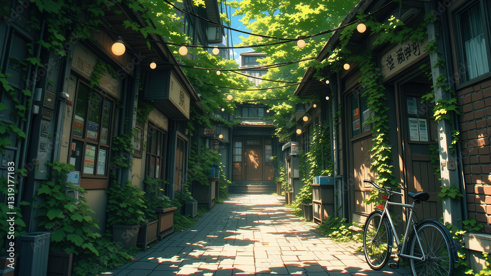 Fototapeta premium anime wallpaper illustration background, Charming Vintage Entrance with Ivy-Covered Walls and a Bicycle .