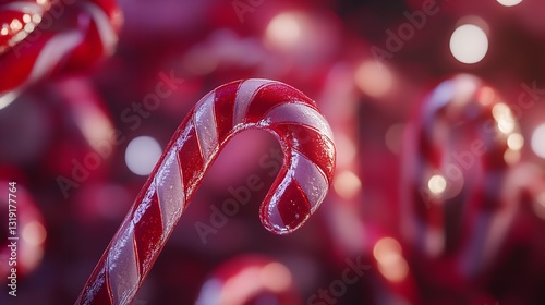 A Swirl Of Glistening Candy Canes, A Festive Flurry Of Red And White, Embodying The Sweet Spirit Of Christmas, With Soft Bokeh Lighting And A Blurred Background