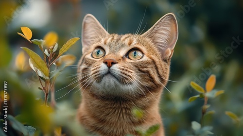 A brown tabby cat gazes with deep brown eyes from a close-up view; soft, textured fur adds charm to its expressive face and upper body