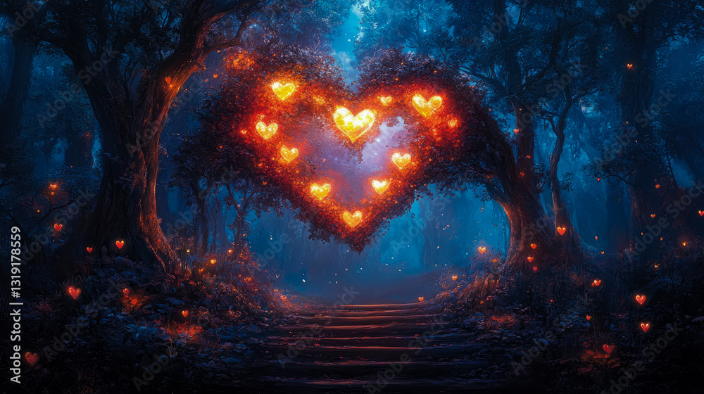 Valentines Day: Heart-shaped illumination in mystical enchanting forest, symbolizing love and romantic escape Valentines Day: Heart-shaped illumination in mystical enchanting forest, symbolizing love and romantic escape
