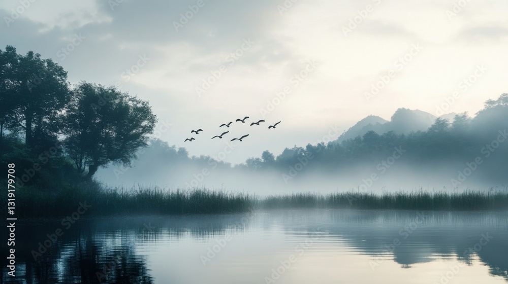 Fototapeta premium a flock of birds flying over a lake