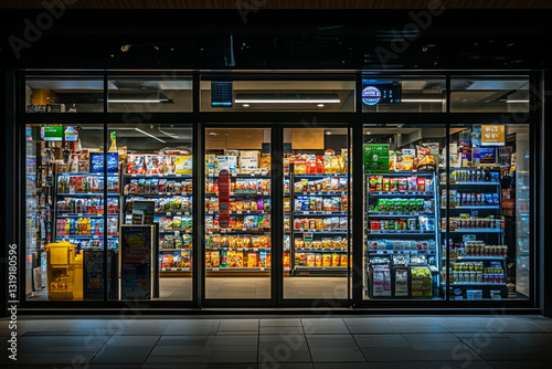 Well lit convenience store night view stocked shelves products shop food snack sales goods aisle