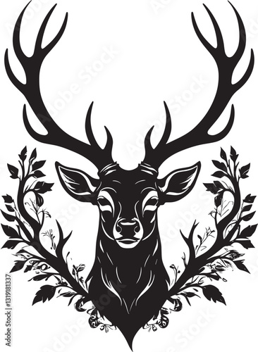 Intricate Deer Head Illustration with Majestic Antlers - Vector Art