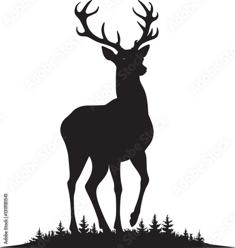 Majestic Deer Silhouette with Large Branching Antlers - Wildlife Vector Art