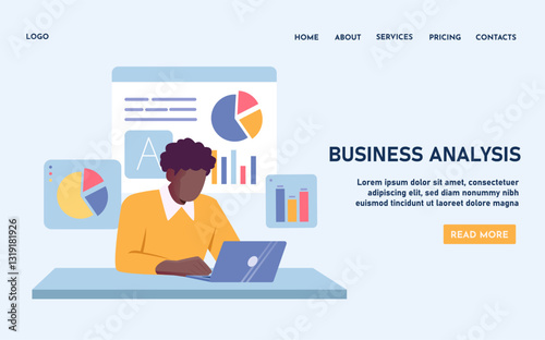 Business analysis poster. Man with laptop near graphs and charts. Financial literacy and passive income. Infographics and data visualization. Landing page design. Flat vector illustration