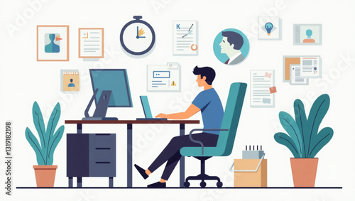 Overwhelmed Stressed Businessman Working on Laptop at Office Desk Vector Illustration Exhausted Frustrated Male Entrepreneur Deadline Pressure Time Management Graphic Resource