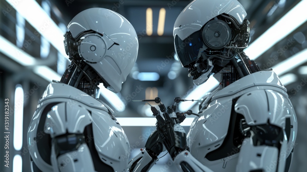 Modern factory humanoid robot repairing sleek photorealistic design