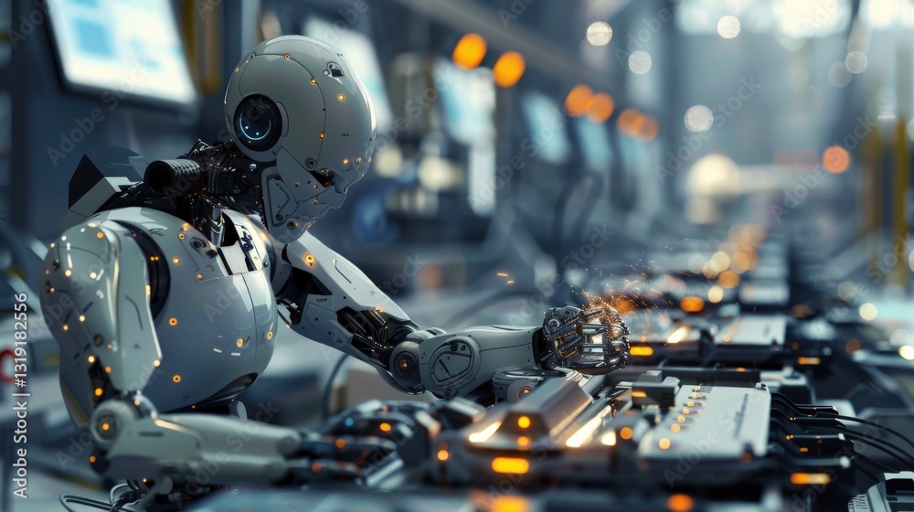 Fototapeta premium Modern factory humanoid robot repairing sleek photorealistic design