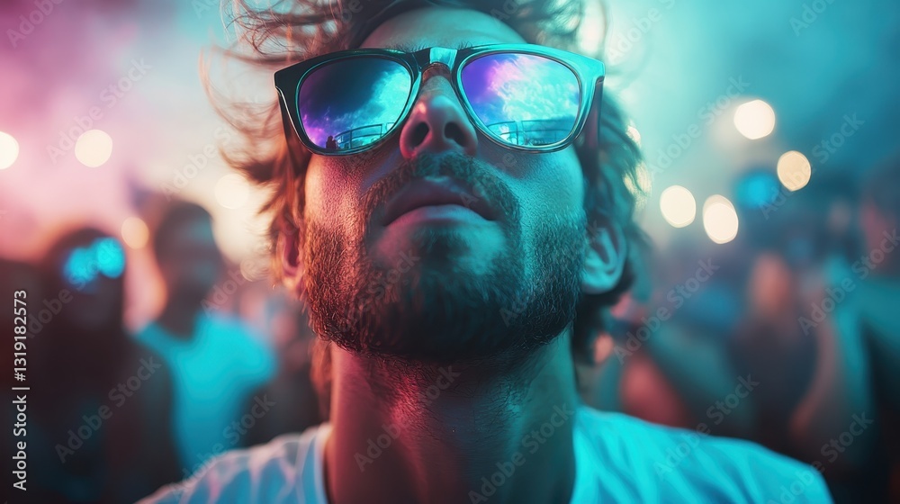 A passionate man with sunglasses and messy hair experiences the music intensely in a lively, colorful concert environment, capturing a moment of pure musical connection. A passionate man with sunglasses and messy hair experiences the music intensely in a lively, colorful concert environment, capturing a moment of pure musical connection.
