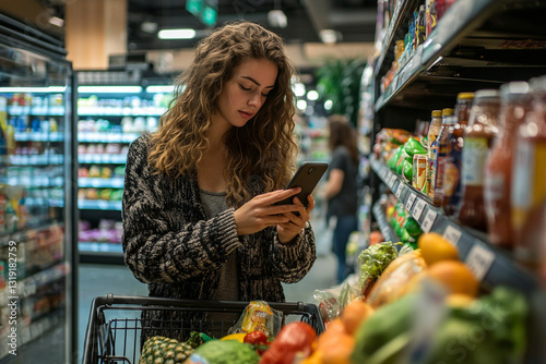 Young woman uses smartphone shopping grocery store aisles app food girl fresh mobile retail market